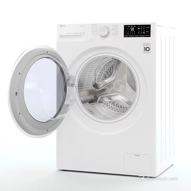 White Front Loading Washing Machine With Open Door Drum Interior Control Panel Display And Knob 3d model 