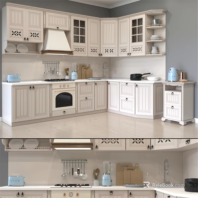 White Kitchen Interior With Ornate Carved Cabinets Stove Sink And Display Dishes 3d model 