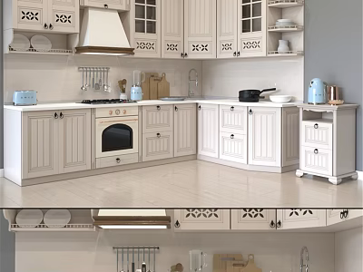 White Kitchen Interior With Ornate Carved Cabinets Stove Sink And Display Dishes 3d model