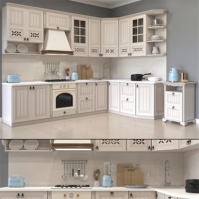 White Kitchen Interior With Ornate Carved Cabinets Stove Sink And Display Dishes 3d model