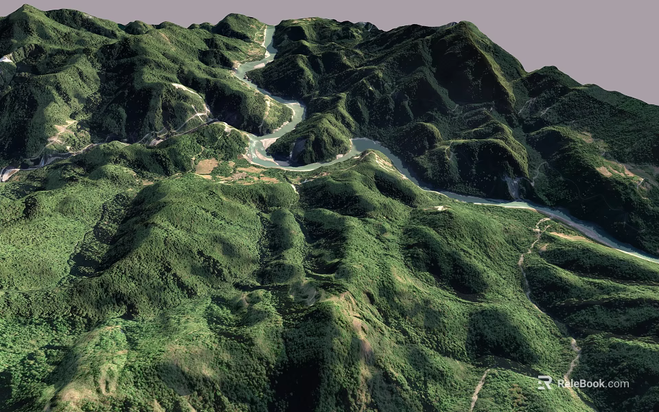 Natural Scenic Landscape Architecture Featuring Rolling Mountains Winding River and Lush Green Vegetation 3d model 