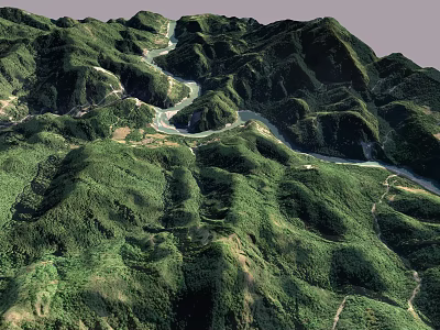 Natural Scenic Landscape Architecture Featuring Rolling Mountains Winding River and Lush Green Vegetation 3d model