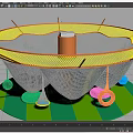 Colorful Circular Net Playground Structure With Central Cylinder Hanging Rings And Striped Floor