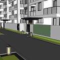 Modern Residential Building Entrance Gate With Paved Pathway Trees Shrubs And Lighting
