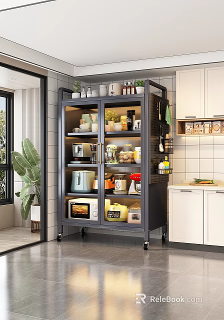 Modern Wheeled Kitchen Side Cabinet With Glass Doors For Storing Various Daily Kitchen Appliances 3d model 