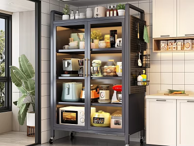 Modern Wheeled Kitchen Side Cabinet With Glass Doors For Storing Various Daily Kitchen Appliances 3d model