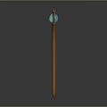 Artistic Curved Wooden Weapon with Long Pole and Blue Glowing Circular Top