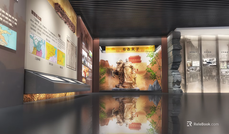 Ancient Emperor Themed Cultural Museum Exhibition With Stone Statue Traditional Mural And Display Cases 3d model 