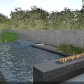 Garden Landscape Design With Reflecting Pool Stone Wall And Lush Green Trees