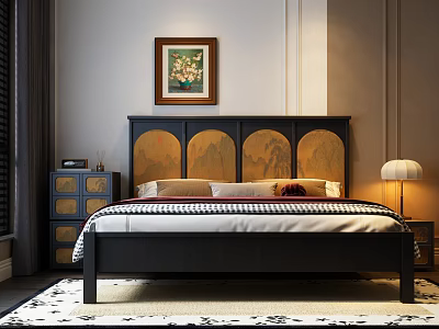 Double Bed with Black Headboard Golden Panels Red Beige Pillows Nightstands Framed Painting Patterned Rug 3d model