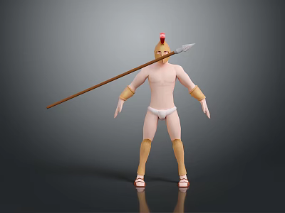 Shirtless Man in Ancient Greek Warrior Costume Holding Spear With Red Helmet White Shorts Sandals 3d model
