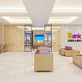 Modern Bank Lobby Interior With Purple Sofas Wooden Furniture And Service Counter