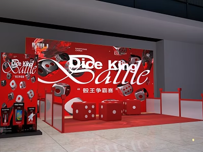 Dice King Battle Photo Check in Spot With Red Backdrop And Dice Decorations 3d model