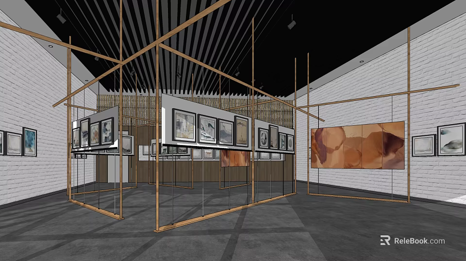 Art Exhibition Space With Open Metal Frame Structures And Wall Art Displays 3d model 