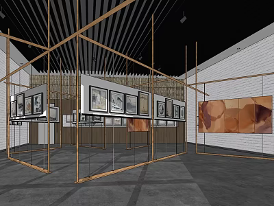 Art Exhibition Space With Open Metal Frame Structures And Wall Art Displays 3d model