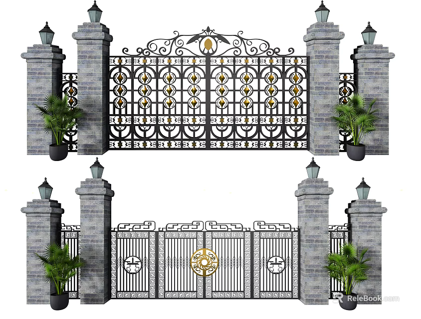 Ornate Iron Gate Design with Decorative Patterns Stone Pillars and Green Plants 3d model 