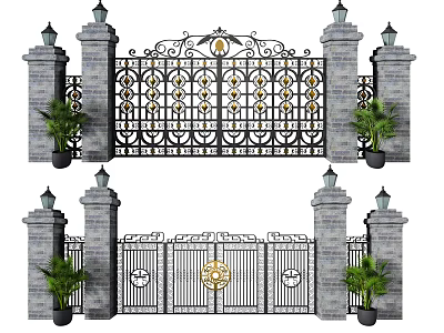 Ornate Iron Gate Design with Decorative Patterns Stone Pillars and Green Plants 3d model