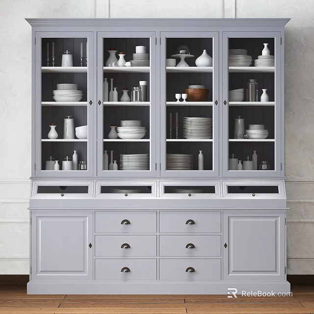 Modern White Sideboard With Glass Doors Displaying Dishes Vases And Plates 3d model 