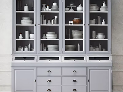 Modern White Sideboard With Glass Doors Displaying Dishes Vases And Plates 3d model