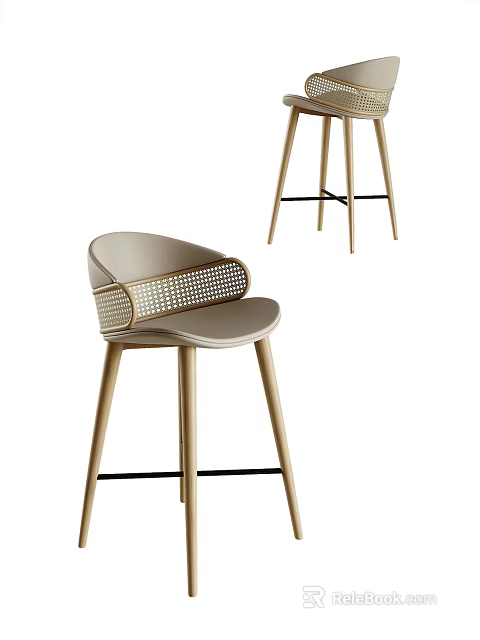 Modern Bar Stools With Woven Backrest Light Colored Seat And Wooden Legs Design 3d model 