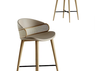Modern Bar Stools With Woven Backrest Light Colored Seat And Wooden Legs Design 3d model