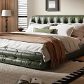 Modern Bedroom Interior With Green Leather Headboard Shutter Windows Area Rug And Potted Plant