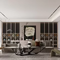 Modern Living and Dining Room with Elegant Marble Accent Wall Wooden Cabinets and Decorative Items