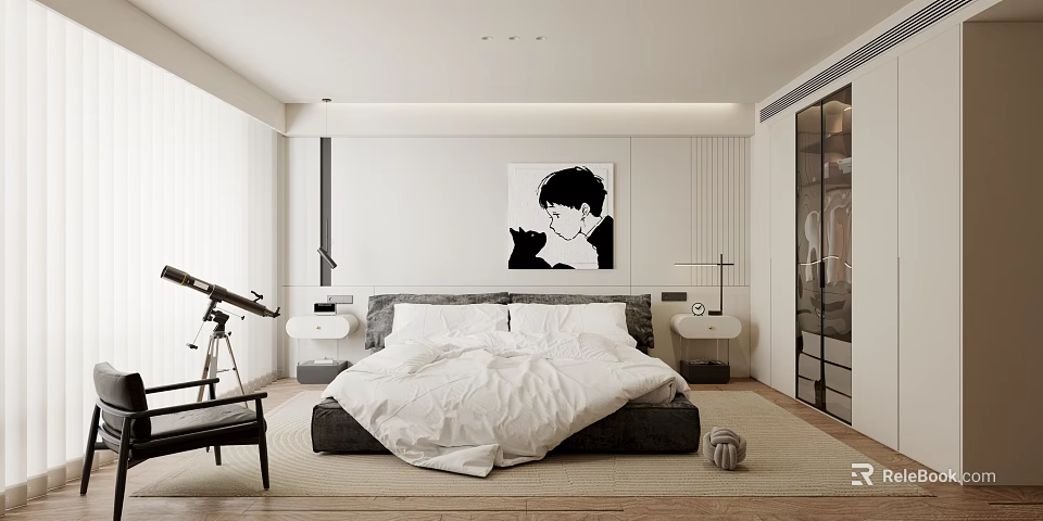 Modern Bedroom Interior Design With Large Bed White Bedding Black And White Portrait And Telescope 3d model 
