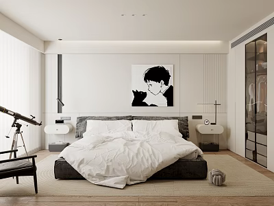Modern Bedroom Interior Design With Large Bed White Bedding Black And White Portrait And Telescope 3d model