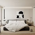 Modern Bedroom Interior Design With Large Bed White Bedding Black And White Portrait And Telescope