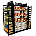 Multitiered Retail Display Shelf With Metal Frame Wooden Shelves And Assorted Snack Foods