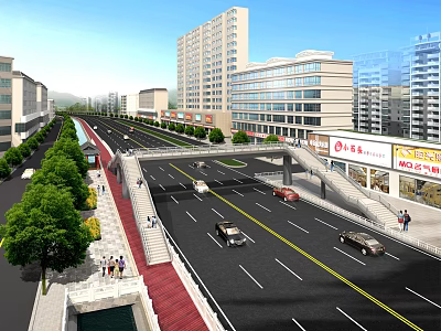 Urban Overpass Bridge Over City Road With Vehicles Pedestrians Tall Buildings And Green Trees 3d model