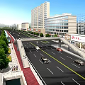 Urban Overpass Bridge Over City Road With Vehicles Pedestrians Tall Buildings And Green Trees