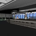 Modern Café Interior With Black Bar Counter High Stools Striped Ceiling And Large Windows