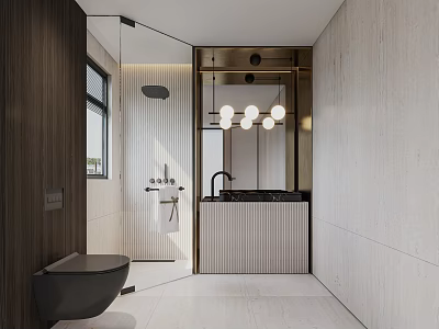 Modern Bathroom Interior With Wooden Accents Glass Shower Wall Hung Toilet And Vanity 3d model