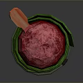Colorful Pink Powder Food in Green Bucket with Orange Spoon