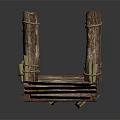 Wooden Bridge Structure With Planks Pillars And Rope Railings On Simple Background