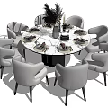 Elegant Round Dining Table Set with Marble Tabletop Gray Chairs Tableware and Decorative Plant 3d model