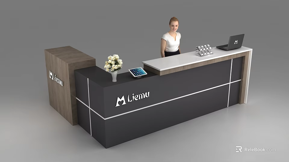 Modern Lionu Reception Desk With Black Surface White Lines Laptop Tablet And White Flower Vase 3d model 