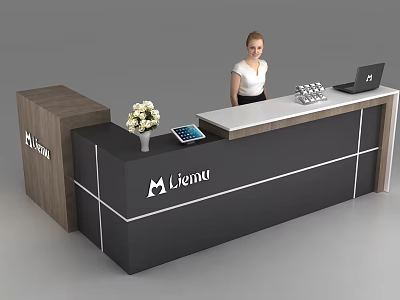 Modern Lionu Reception Desk With Black Surface White Lines Laptop Tablet And White Flower Vase 3d model