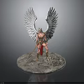 Mythical Woman Warrior Statue With Large White Wings And Spear On Stone Base