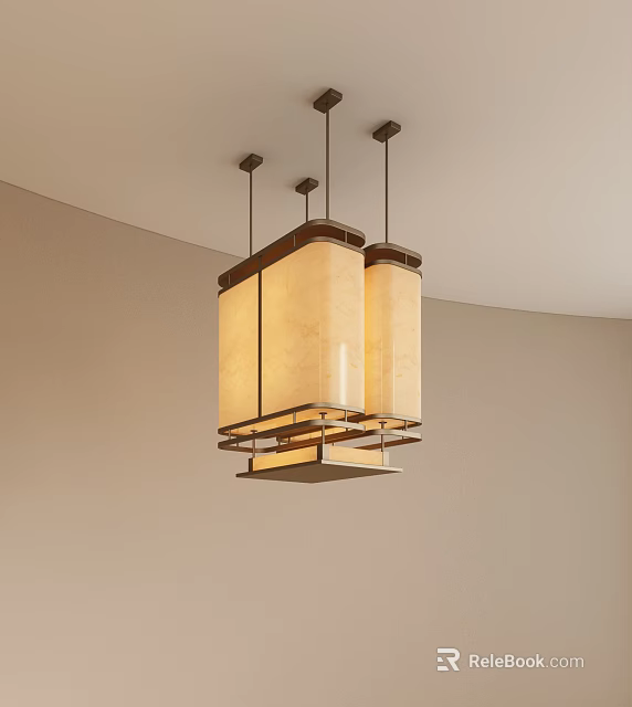 Modern Chandelier With Metal Frame And Double Beige Fabric Shades Hanging 3d model 