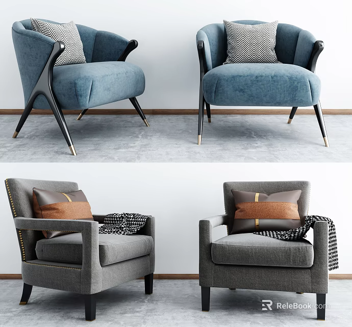 Modern Blue and Gray Upholstered Accent Chairs with Decorative Pillows Throw Blanket Black Gold Legs 3d model 