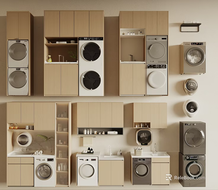 Modern Stackable Washing Machine and Dryer in Built in Laundry Room Cabinets 3d model