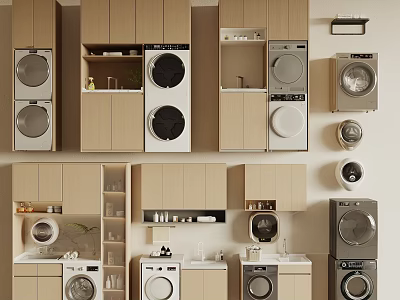 Modern Stackable Washing Machine and Dryer in Built in Laundry Room Cabinets 3d model