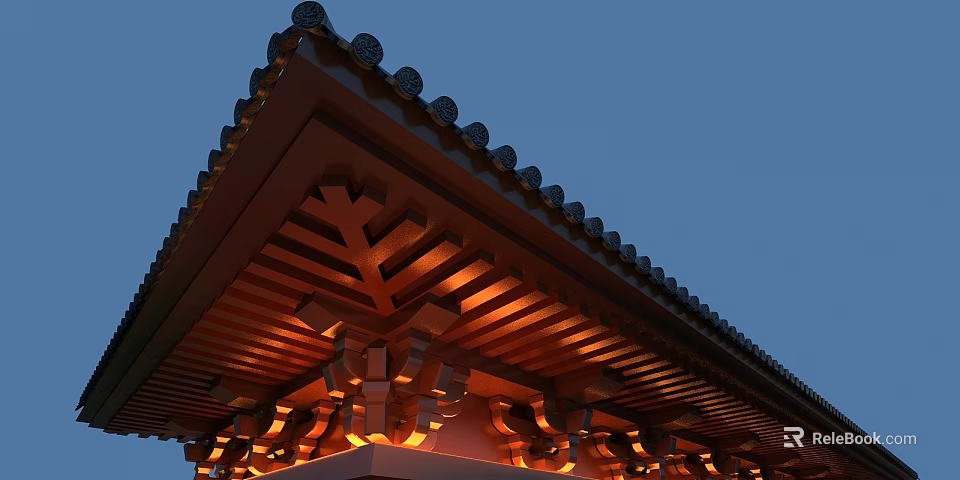 Ancient Architectural Wooden Bracket Components With Intricate Carved Details And Evening Lighting 3d model 