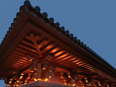 Ancient Architectural Wooden Bracket Components With Intricate Carved Details And Evening Lighting 3d model