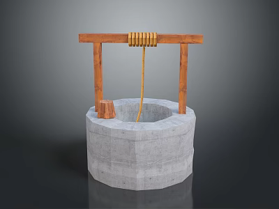 Traditional Old Style Stone Well With Wooden Frame Rope And Bucket 3d model