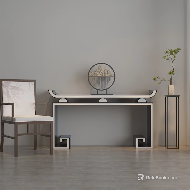 Modern Chinese Console Table With Circular Stone Ornament Wooden Chair And Small Potted Plant 3d model 