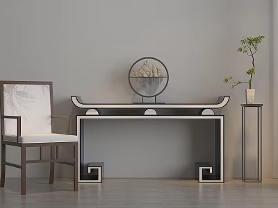Modern Chinese Console Table With Circular Stone Ornament Wooden Chair And Small Potted Plant 3d model